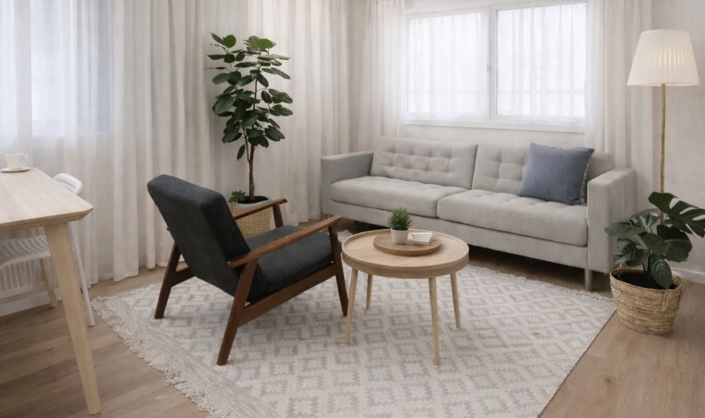 Espace de consultation lumineux avec canapé, fauteuil et plantes