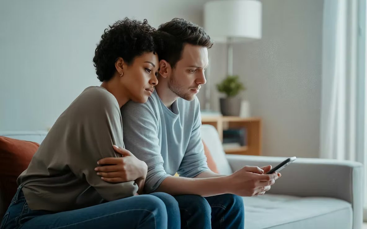 A woman hugs her partner sitting on a sofa while he looks at his phone, seeming worried